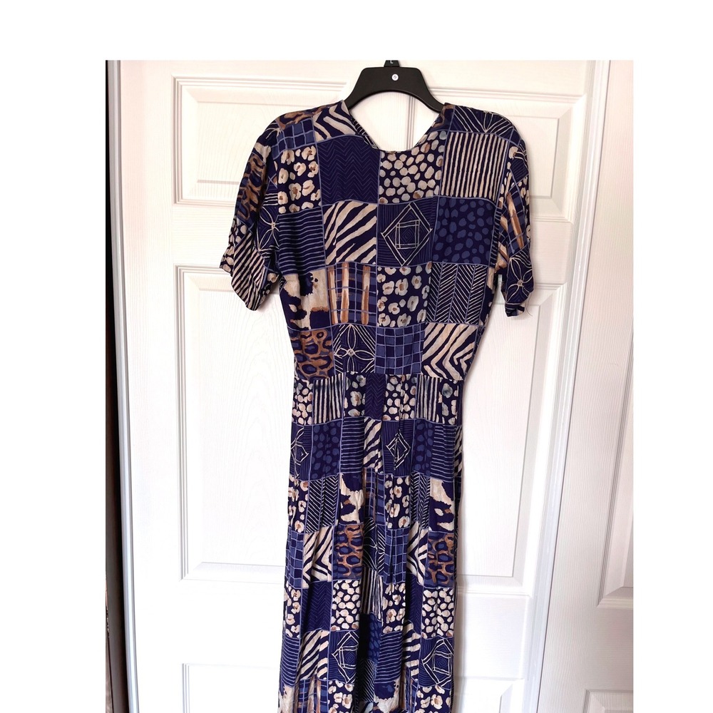 Rabbit Rabbit Rabbit Designs Blue Patchwork Mixed Print Midi Dress Womens L